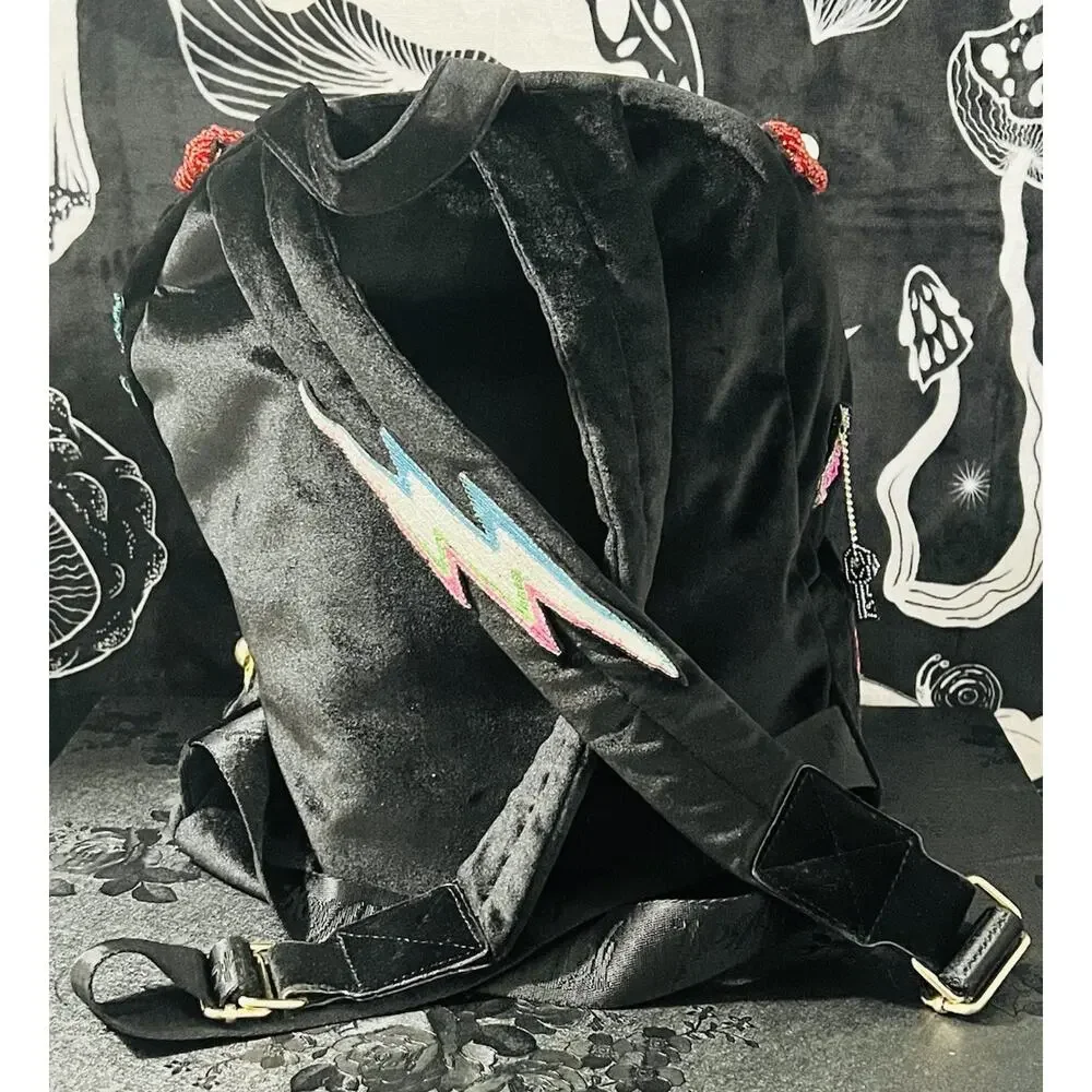 Betsey Johnson Embellished Punk Graffiti Backpack Black Rose Cherry Lips Studded